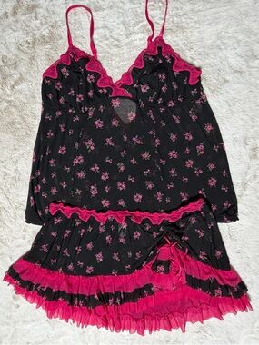 Jezebel Black and Hot Pink Floral Lace Trim Lingerie Set